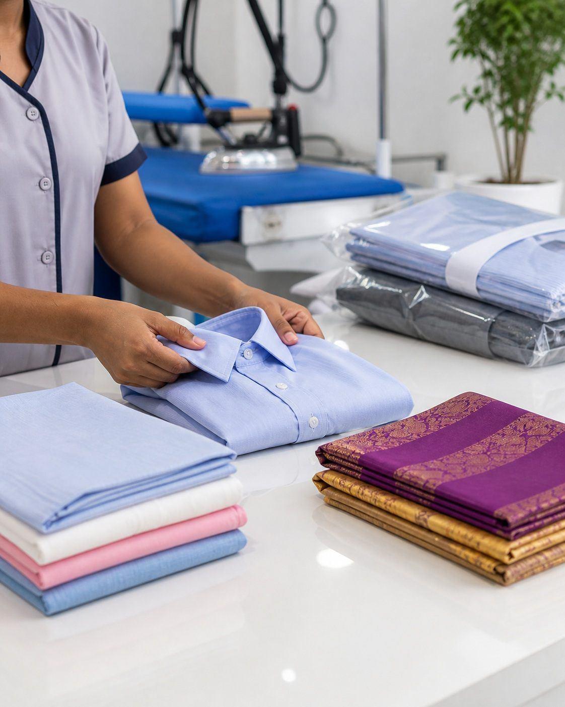 Freshly folded shirts and garments ready for finishing