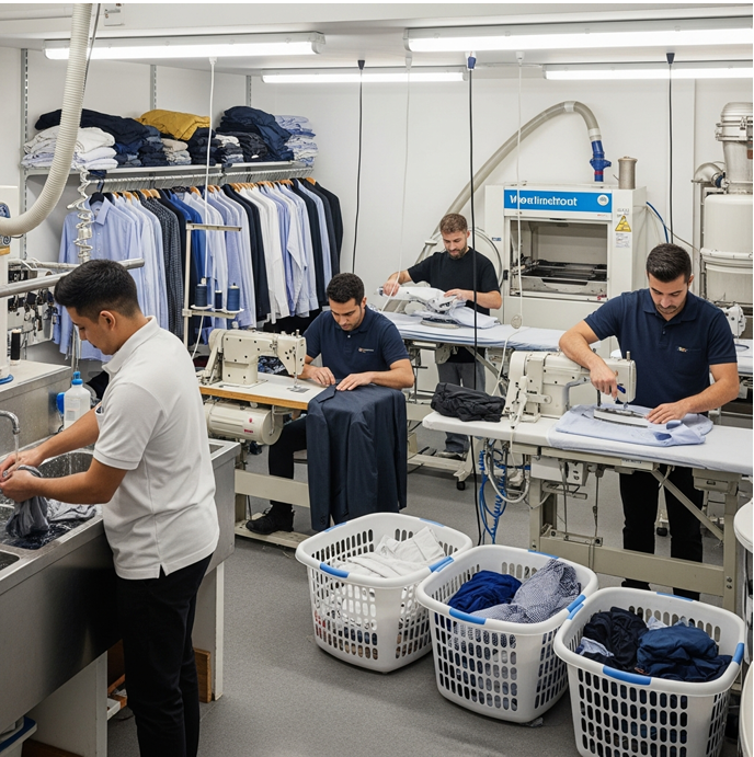 Professional laundry team working on garments
